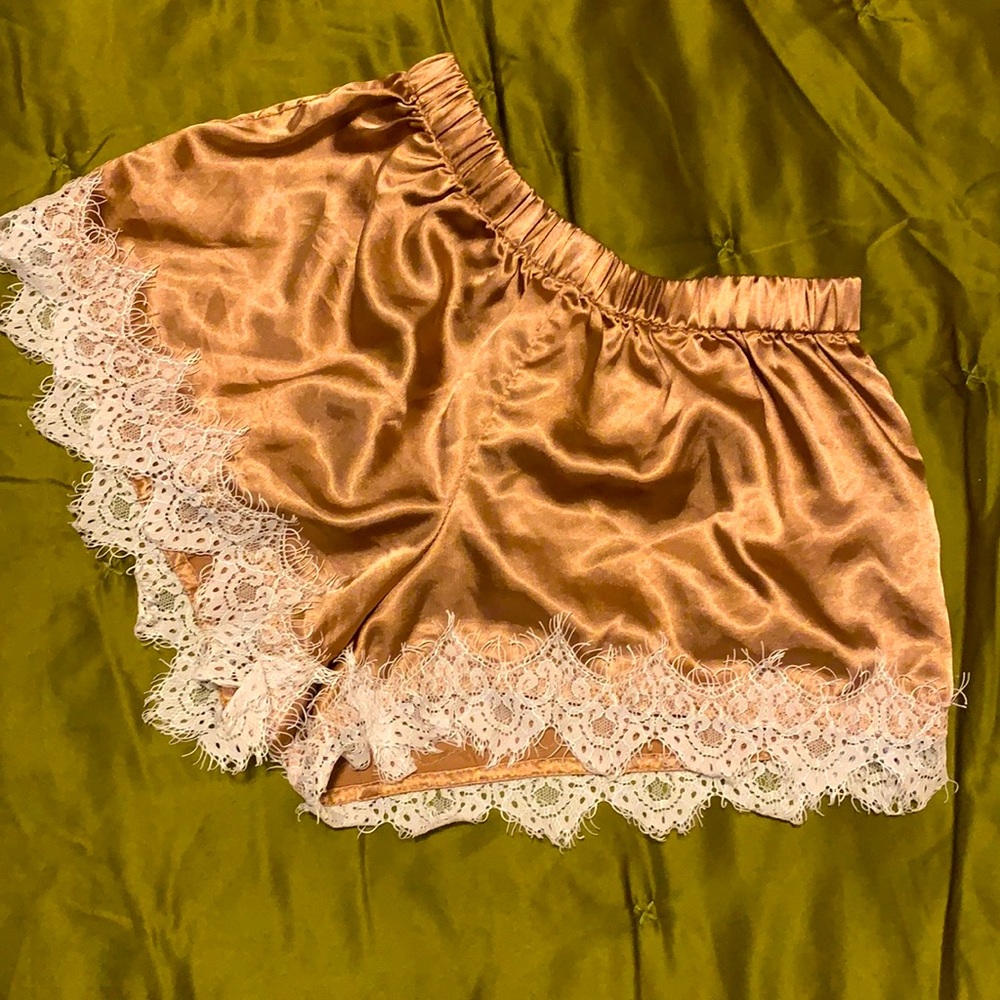 Silk Champagne Nightie Shorts w Lace Trim